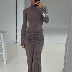 Coffee Elegant Women's Ruched Slim Waist Dress